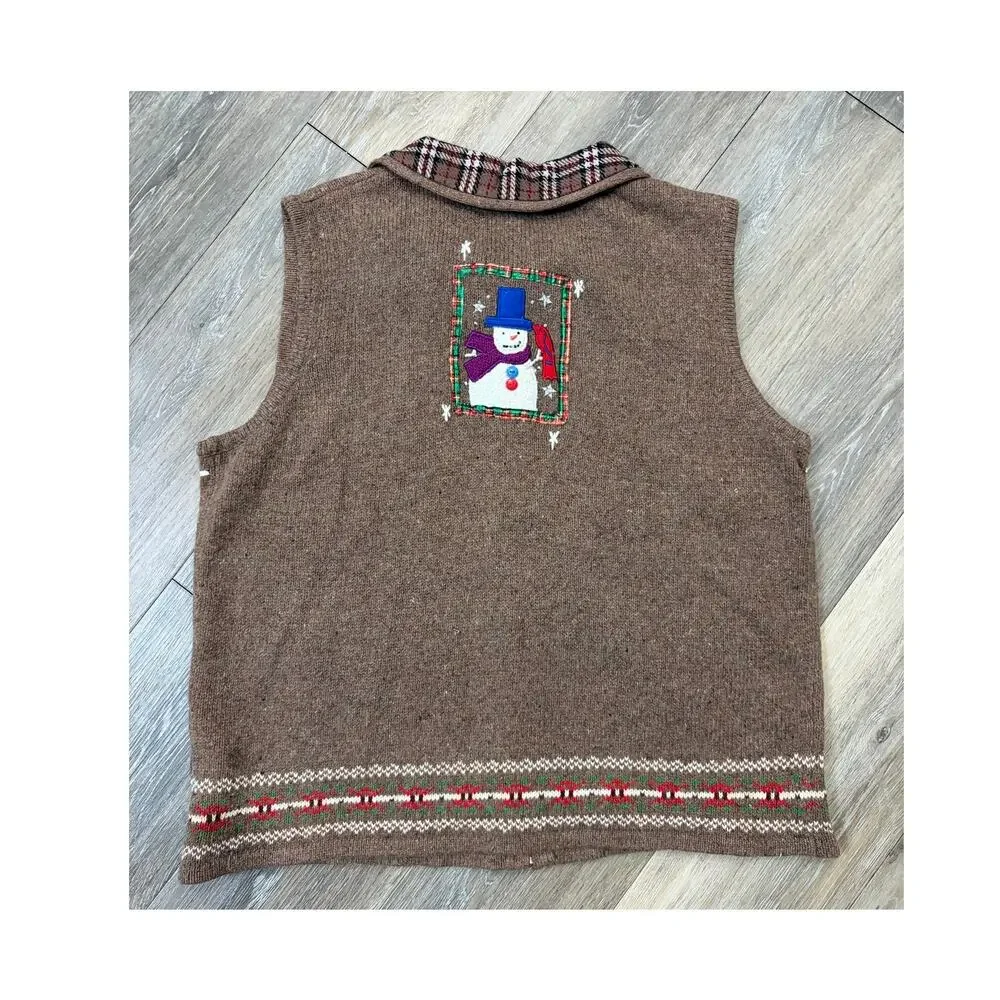Hampshire Studio Snowman Sweater Vest Large Brown Christmas Holiday Knit